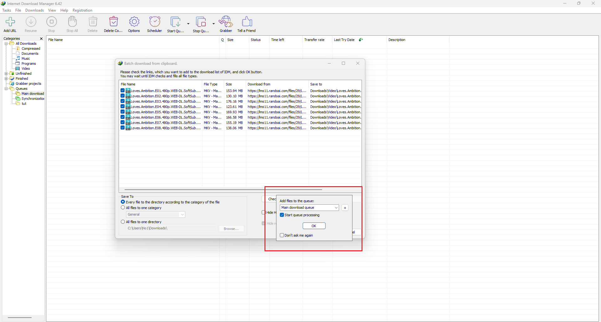 انتخاب فایلها و شروع دانلود در ویندوز